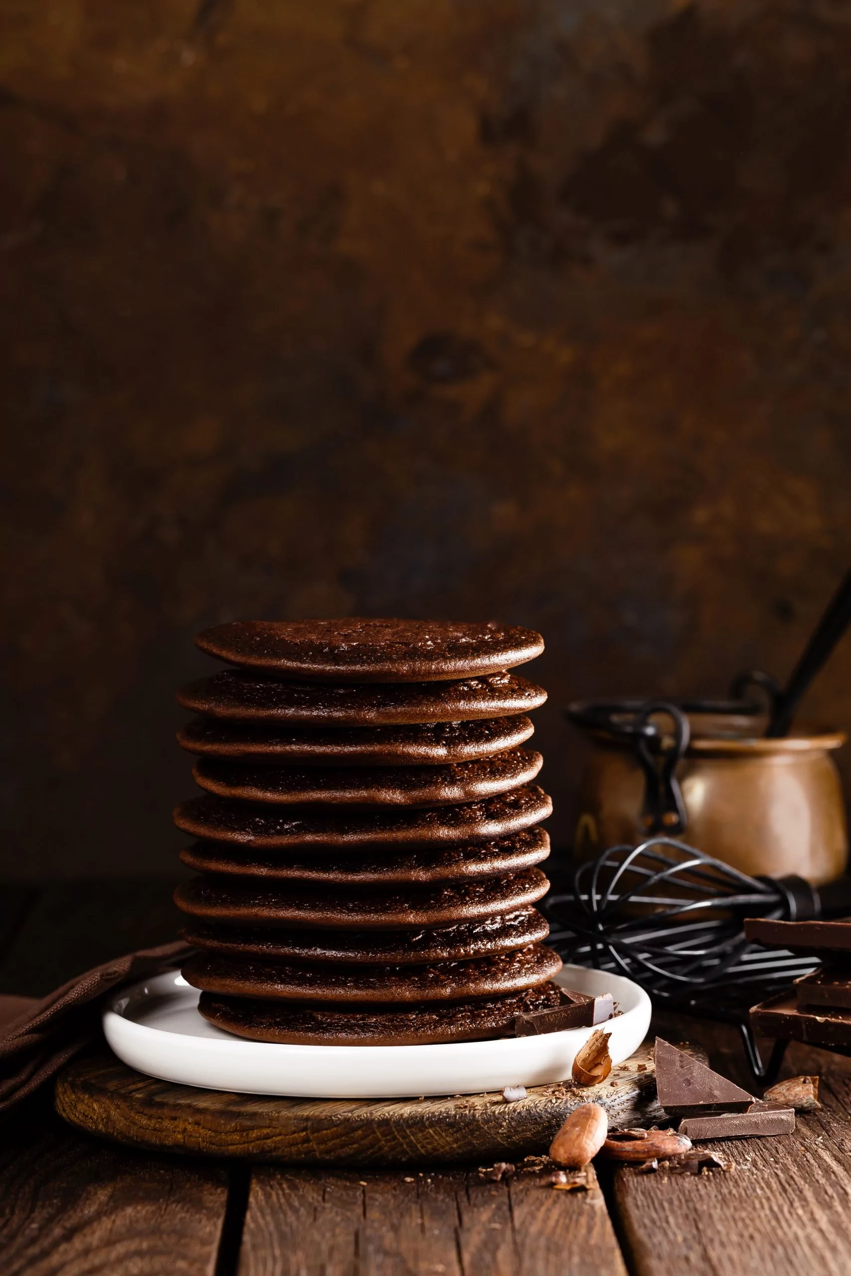 stack of chocolate pancakes 5LBGF2J scaled
